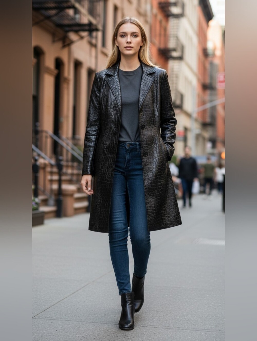 Selene Sport Black Faux Leather Croc-Embossed Long Sleeve Car Coat Misses Size S